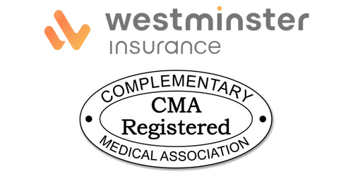Westminster Insurance and CMA Registered logos, indicating professional insurance and Complementary Medical Association registration