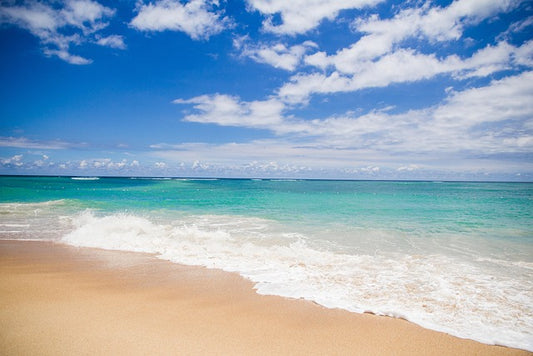 Photo shows a sandy beach with the sea lapping up onto the sand. The sky is blue with some white fluffy clouds