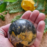 A hand cradles a polished orb-like stone with dramatic swirls of black, gold, and earthy tones. The background features fern leaves and a yellow rose on a cork surface, creating a vibrant and natural setting.

